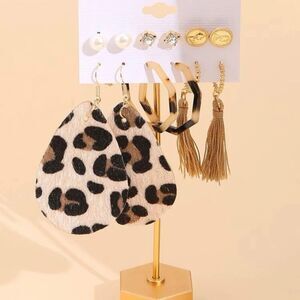 6 pair, geometric earrings, tassle, leopard, striped, gold, dangle, stud